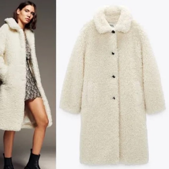 Zara Curly teddy coat cream/ oyster black buttons lined Blogger Fav SZ M EUC - Picture 1 of 9